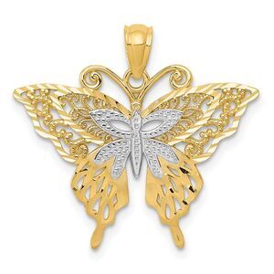14k Yellow Gold and White Rhodium Fancy Butterfly Pendant, 25mm